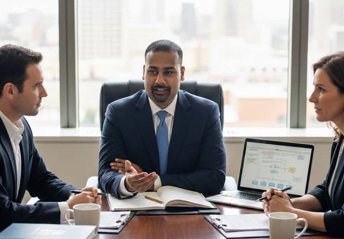 Attorney leading meeting with business clients