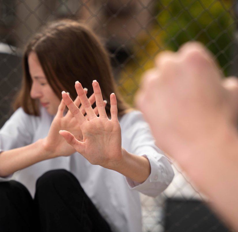 Woman shielding herself during dispute scenario