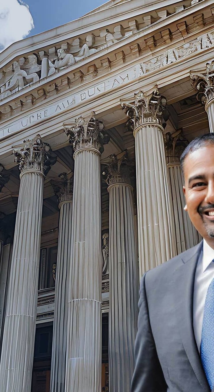 Attorney standing outside courthouse columns